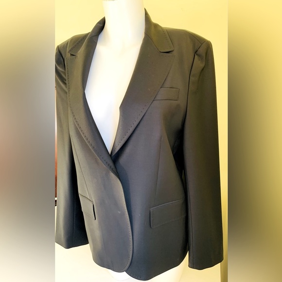 Elegant classic shiny black 87% fine wool blazer jacket double collar Eur44 US12 - Picture 5 of 15